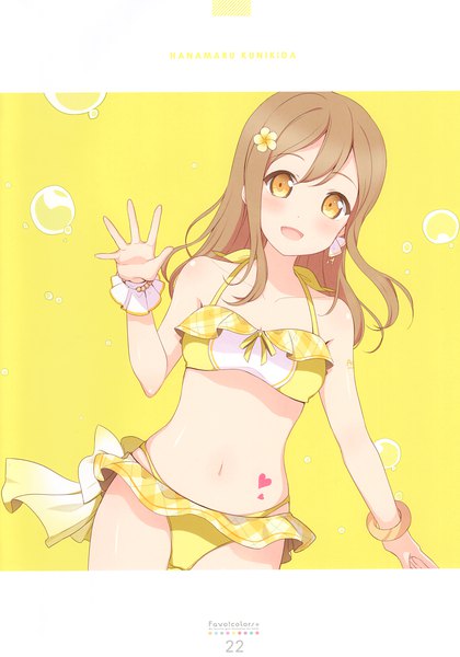 Anime picture 2389x3416 with love live! sunshine!! sunrise (studio) love live! kunikida hanamaru 6u (eternal land) single long hair tall image looking at viewer blush highres open mouth brown hair yellow eyes hair flower character names yellow background waving girl navel