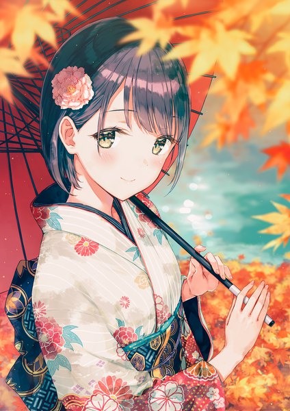 Anime picture 848x1200 with original yuzuhara yukina hiten (hitenkei) single tall image looking at viewer blush fringe short hair black hair smile holding yellow eyes upper body outdoors traditional clothes japanese clothes blurry depth of field autumn