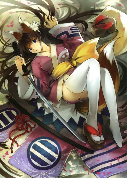 Anime picture 2173x3030 with original japanese sword girls (artbook) kawasumi single long hair tall image highres brown hair purple eyes animal ears lying japanese clothes animal tail legs fox ears fox tail girl thighhighs weapon white thighhighs