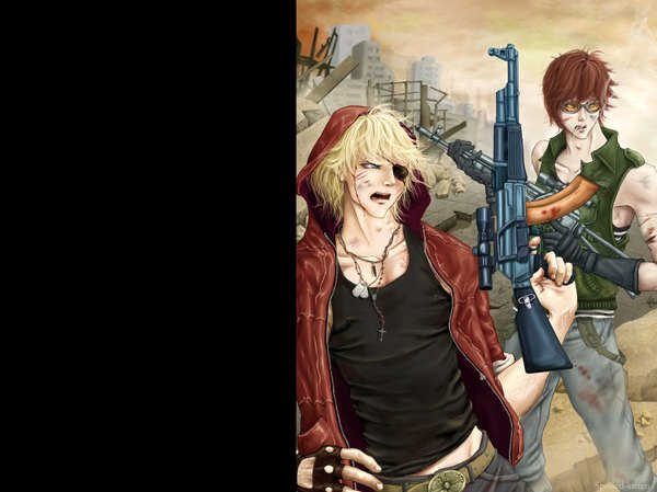 Anime picture 1771x1328 with death note madhouse mello (mihael keehl) matt highres open mouth blue eyes simple background blonde hair brown hair bare shoulders multiple boys city black background ruins battle boy weapon pendant hood