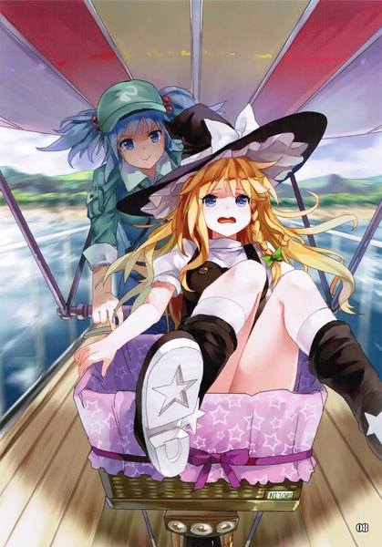 Anime picture 1537x2200 with touhou kirisame marisa kawashiro nitori 77gl long hair tall image looking at viewer short hair open mouth blue eyes blonde hair smile twintails multiple girls blue hair scan single braid short twintails soles :>