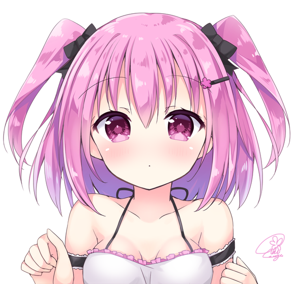 Anime picture 1042x1000 with original yaki mayu single looking at viewer blush fringe short hair breasts simple background hair between eyes white background bare shoulders signed pink hair upper body pink eyes :o loli two side up girl