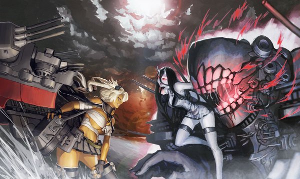 Anime picture 1667x1000 with kantai collection musashi super battleship battleship-symbiotic hime jonsun long hair breasts open mouth black hair blonde hair smile hair between eyes red eyes wide image large breasts multiple girls sky cloud (clouds) nail polish pleated skirt horn (horns)