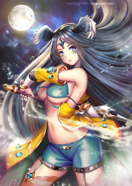 Anime picture 1024x1448 with original riiya (mabong1989) single tall image looking at viewer breasts blue eyes light erotic black hair large breasts very long hair night head wings girl navel weapon sword wings shorts short shorts