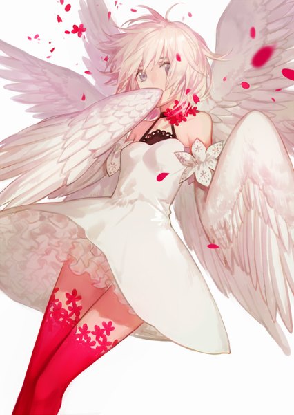 Anime picture 1000x1409 with original cotta single tall image looking at viewer short hair simple background white background pink hair grey eyes multiple wings girl thighhighs dress flower (flowers) petals wings frills white dress