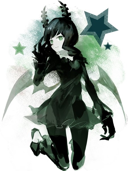 Anime picture 700x931 with black rock shooter dead master rukun00 single long hair tall image looking at viewer fringe black hair smile white background green eyes full body bent knee (knees) horn (horns) drill hair jumping girl dress wings