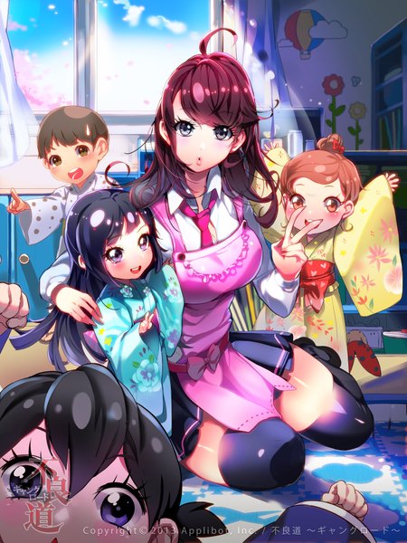 Anime picture 3000x4000 with original imp long hair tall image looking at viewer blush highres short hair open mouth black hair smile red eyes brown hair purple eyes purple hair ahoge traditional clothes japanese clothes black eyes girl