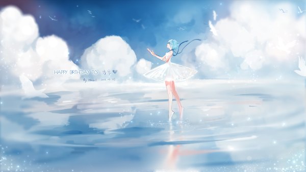 Anime picture 1920x1080 with neon genesis evangelion gainax ayanami rei hane single fringe highres short hair wide image standing sky cloud (clouds) barefoot aqua hair legs sleeveless outstretched arm reflection looking up girl