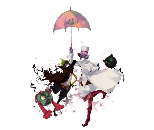 Anime picture 1417x1200 with ao no exorcist a-1 pictures mephisto pheles amaimon bambino simple background white background purple hair looking back green hair pointy ears striped siblings demon brothers shared umbrella boy boots star (symbol) umbrella