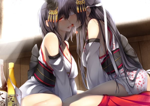 Anime picture 1023x724 with kantai collection yamashiro battleship fusou battleship rayn long hair short hair light erotic black hair red eyes multiple girls traditional clothes yuri girl hair ornament 2 girls detached sleeves food obi berry (berries) cherry