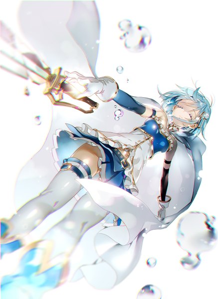 Anime picture 1094x1500 with mahou shoujo madoka magica shaft (studio) miki sayaka hoshii hisa single tall image short hair simple background white background eyes closed aqua hair from below tears magical girl girl thighhighs skirt gloves weapon detached sleeves