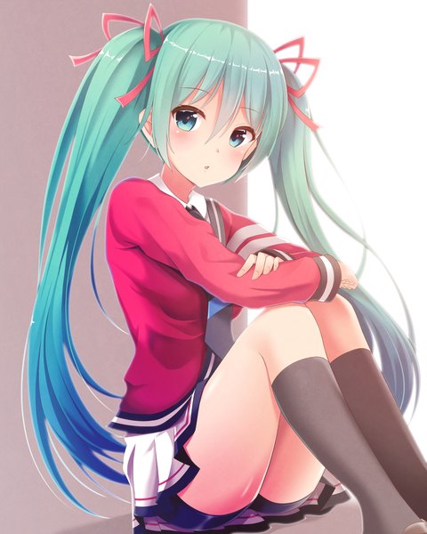 Anime picture 891x1115 with vocaloid hatsune miku aibumi single tall image looking at viewer blush fringe simple background hair between eyes sitting twintails very long hair parted lips pleated skirt aqua eyes aqua hair alternate costume leg hug :<