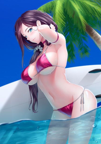 Anime picture 707x1000 with original kai (link2262) single long hair tall image breasts blue eyes light erotic black hair large breasts girl navel swimsuit plant (plants) bikini tree (trees) sea palm tree