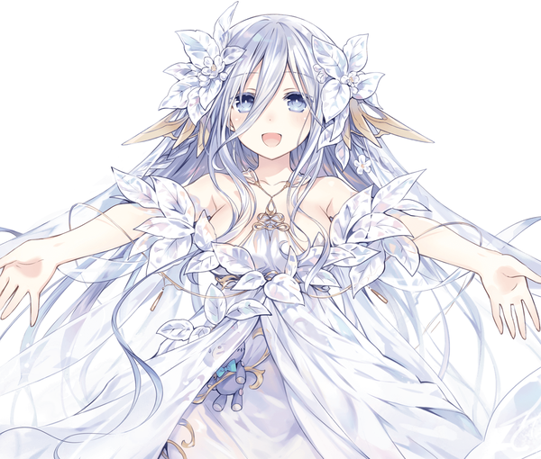 Anime picture 1600x1360 with date a live takamiya mio tsunako single blush fringe breasts open mouth blue eyes simple background smile hair between eyes standing white background bare shoulders silver hair braid (braids) very long hair :d hair flower