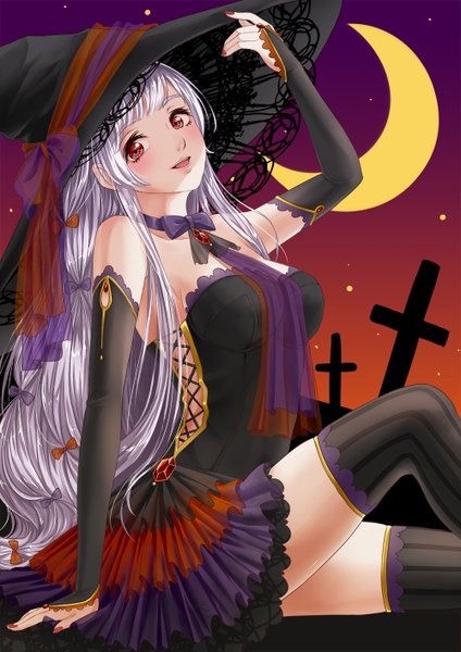 Anime picture 1000x1414 with original kokono single long hair tall image looking at viewer blush fringe open mouth smile red eyes sitting purple hair bent knee (knees) nail polish lacing witch crescent girl thighhighs