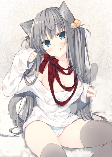 Anime picture 1296x1812 with original miko (royal milk) single long hair tall image looking at viewer blush fringe breasts blue eyes light erotic simple background white background sitting animal ears tail animal tail grey hair cat ears off shoulder