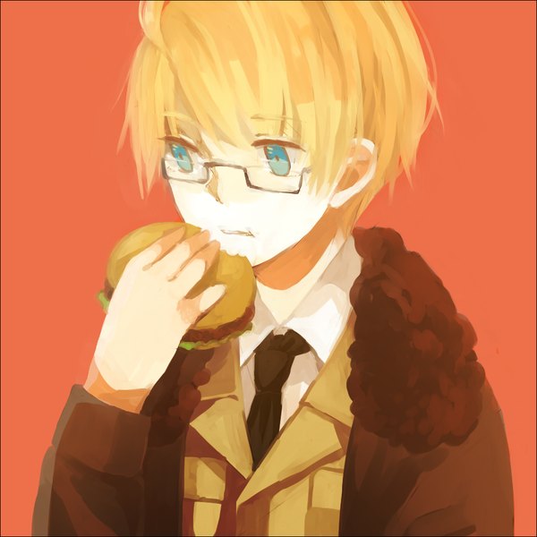 Anime picture 1000x1000 with axis powers hetalia studio deen america (hetalia) lemontea short hair blue eyes blonde hair ahoge eating red background boy shirt glasses necktie food jacket clothes