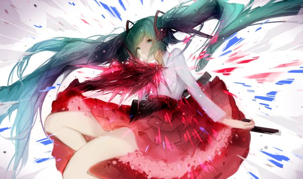 Anime picture 2980x1763 with vocaloid hatsune miku sa'yuki single fringe highres wide image holding green eyes looking away very long hair multicolored hair aqua hair gradient hair multicolored eyes girl skirt shirt white shirt crystal