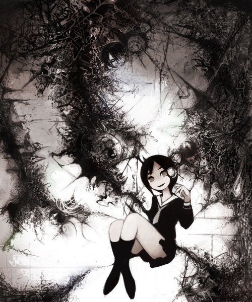 Anime picture 2000x2400 with original kamin (pixiv) tall image highres black hair smile monochrome girl thighhighs uniform school uniform serafuku headphones