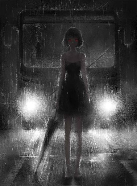 Anime picture 1000x1349 with original moss (2225028) single tall image looking at viewer short hair black hair red eyes standing bare shoulders light rain closed umbrella girl dress black dress umbrella ground vehicle bus