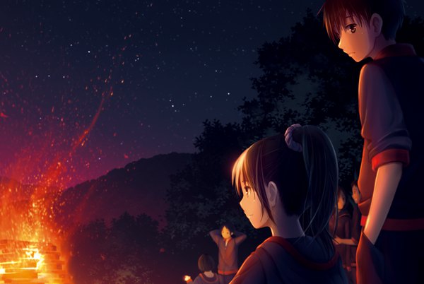 Anime picture 917x615 with original mocha (cotton) long hair short hair black hair smile multiple girls brown eyes profile looking back night multiple boys sparkle night sky mountain arms behind head hand in pocket hands in pockets girl boy