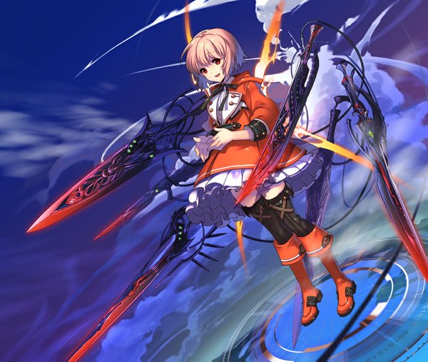Anime picture 1000x845 with original empew single looking at viewer short hair red eyes pink hair sky cloud (clouds) night sky magic glowing weapon girl dress weapon boots thigh boots knee boots huge weapon magic circle