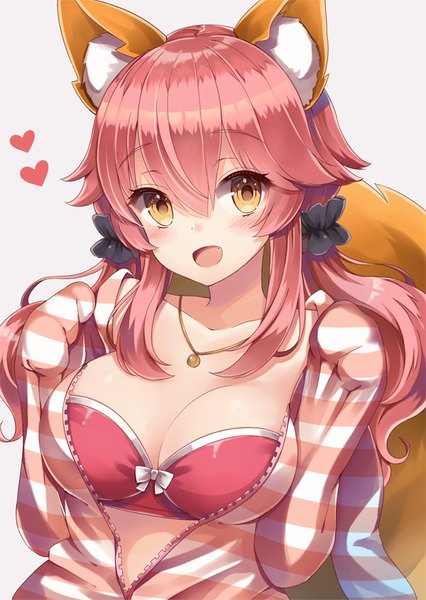 Anime picture 600x844 with fate (series) fate/extra tamamo (fate) (all) tamamo no mae (fate) yuzu-aki single long hair tall image looking at viewer blush fringe breasts open mouth light erotic simple background hair between eyes large breasts white background twintails brown eyes