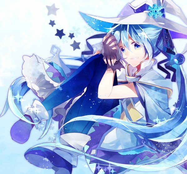 Anime picture 1500x1399 with vocaloid suki! yuki! maji magic (vocaloid) hatsune miku yuki miku yuki miku (2014) omutatsu single blue eyes twintails blue hair symbol-shaped pupils girl gloves hat pantyhose shoes frills fingerless gloves star (symbol) cape