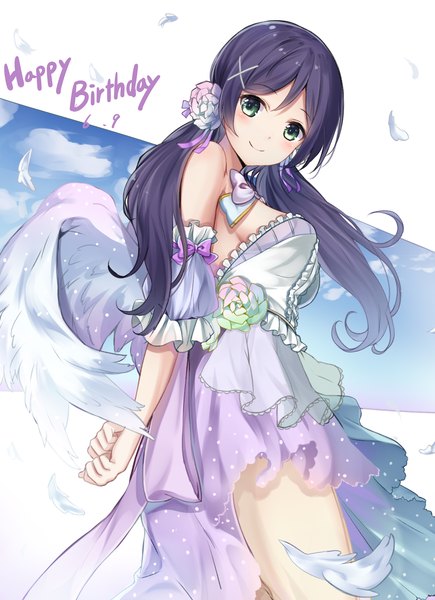 Anime picture 1314x1813 with love live! school idol project sunrise (studio) love live! toujou nozomi karumayu single tall image looking at viewer blush fringe breasts light erotic smile white background twintails bare shoulders green eyes payot sky purple hair