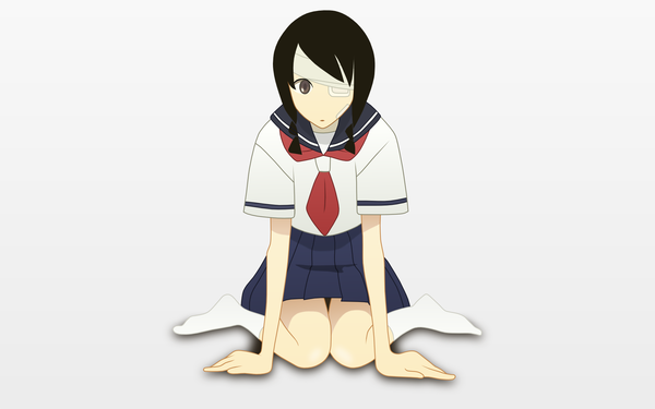 Anime picture 1920x1200 with sayonara zetsubou sensei shaft (studio) kobushi abiru single highres short hair black hair simple background wide image white background sitting full body wariza bandage over one eye girl uniform socks serafuku white socks bandage (bandages)