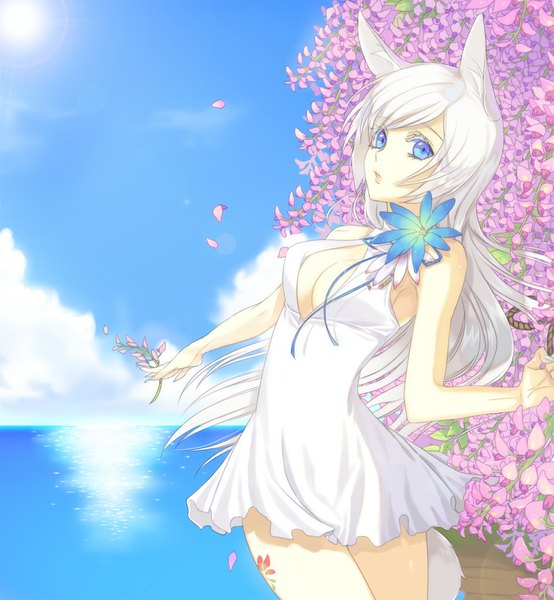 Anime picture 1000x1083 with original enk single long hair tall image blue eyes animal ears cloud (clouds) white hair girl flower (flowers) petals sundress wisteria