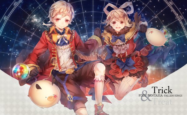 Anime picture 1086x672 with original pixiv fantasia pixiv fantasia fallen kings lulu season short hair open mouth blonde hair smile red eyes wide image inscription holding hands girl thighhighs boy gloves ribbon (ribbons) hair ribbon animal black gloves