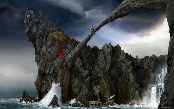 Anime picture 1920x1200 with highres wide image fantasy rock battle skeleton waterfall water castle