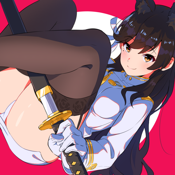 Anime picture 1330x1330 with azur lane atago (azur lane) red10 single long hair fringe light erotic black hair smile brown eyes animal ears looking away long sleeves mole pantyshot mole under eye floral print pink background extra ears military