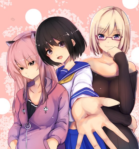 Anime picture 1266x1355 with original cafe au lait (kafeore) long hair tall image short hair open mouth black hair blonde hair purple eyes multiple girls brown eyes animal ears pink hair light smile outstretched hand girl uniform glasses serafuku 3 girls