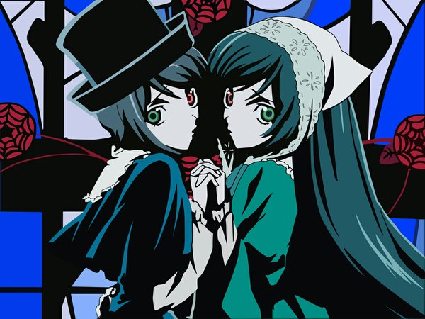 Anime picture 1024x768 with rozen maiden suiseiseki souseiseki heterochromia vector flat color symmetrical hand pose
