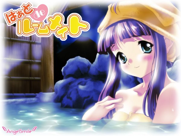 Anime picture 1280x960 with heart de roommate katsuragi tomoe single long hair looking at viewer blush blue eyes light erotic payot purple hair night copyright name partially submerged girl water towel onsen