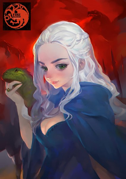 Anime picture 706x1000 with a song of ice and fire daenerys targaryen rhaegal truelion single long hair tall image blush green eyes looking away cleavage white hair wavy hair red background fantasy girl dress cape blue dress dragon