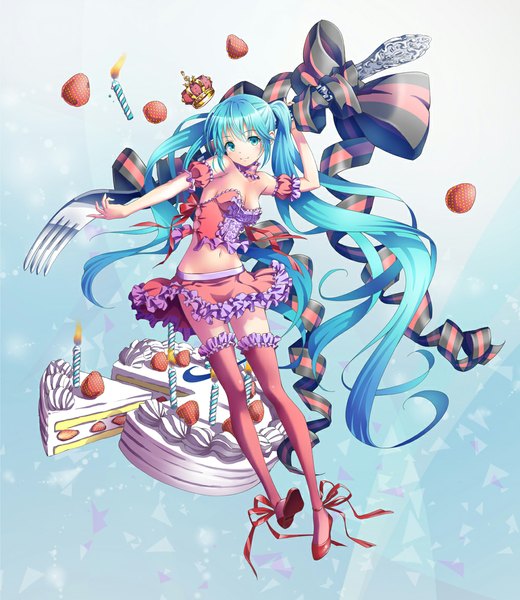 Anime picture 1000x1153 with vocaloid hatsune miku suishougensou single tall image looking at viewer breasts smile twintails cleavage very long hair aqua eyes aqua hair midriff side slit girl thighhighs skirt navel bow