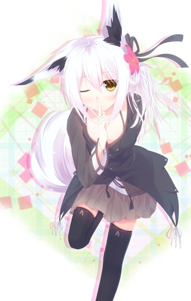 Anime picture 780x1228 with original nagishiro mito single long hair tall image looking at viewer animal ears yellow eyes white hair tail animal tail one eye closed hair flower wink finger to mouth girl thighhighs dress hair ornament flower (flowers)