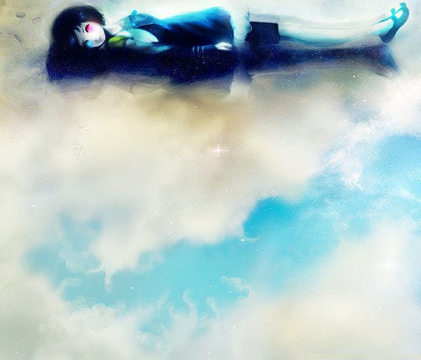 Anime picture 1000x855 with original ta (pixiv 1671291) single looking at viewer fringe short hair black hair sky cloud (clouds) lying on back heterochromia glowing reflection glowing eye (eyes) girl star (stars)