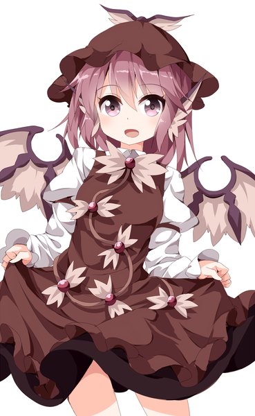 Anime picture 738x1200 with touhou mystia lorelei ruu (tksymkw) single tall image looking at viewer blush short hair open mouth simple background white background animal ears pink hair pink eyes girl dress hat wings blouse