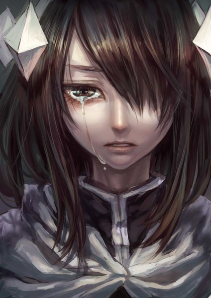 Anime picture 744x1052 with haiiro teien zhen hun qu single long hair tall image looking at viewer fringe brown hair brown eyes hair over one eye teeth tears crying girl hair ornament cape