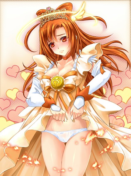 Anime picture 750x1005 with precure smile precure! toei animation hino akane (smile precure!) cure sunny makirin single long hair tall image blush light erotic red eyes brown hair girl dress hair ornament underwear panties fire tiara