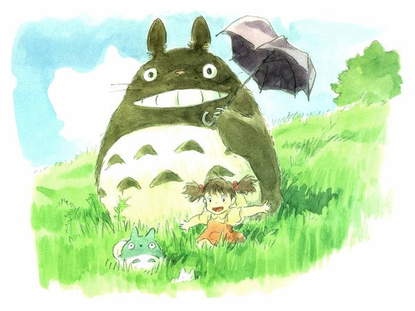 Anime picture 1024x768 with tonari no totoro studio ghibli totoro chibi totoro kusakabe mei single looking at viewer open mouth smile twintails holding black eyes short twintails spread arms girl plant (plants) umbrella grass child (children) hair bobbles