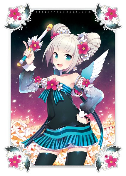 Anime picture 679x950 with original nardack single tall image short hair open mouth blue eyes white hair hair flower girl thighhighs dress hair ornament flower (flowers) black thighhighs detached sleeves wings