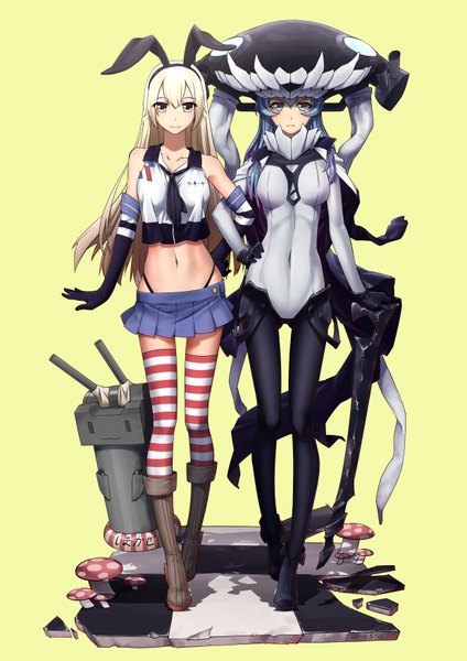 Anime picture 2480x3507 with kantai collection shimakaze destroyer rensouhou-chan wo-class aircraft carrier daye bie qia lian long hair tall image looking at viewer fringe highres breasts blue eyes light erotic simple background blonde hair multiple girls brown eyes blue hair bare belly midriff