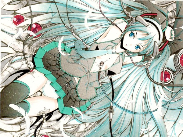 Anime picture 1890x1417 with vocaloid hatsune miku moonsorrow long hair highres light erotic twintails lying aqua hair open clothes open shirt girl thighhighs skirt navel underwear panties detached sleeves necktie feather (feathers)
