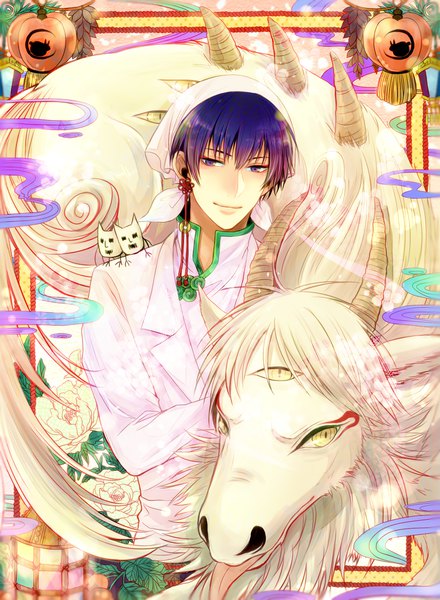 Anime picture 1100x1500 with hoozuki no reitetsu wit studio hakutaku (hoozuki no reitetsu) heine (pixiv829991) tall image looking at viewer fringe short hair hair between eyes purple eyes purple hair traditional clothes light smile chinese clothes framed dual persona boy flower (flowers) single earring creature