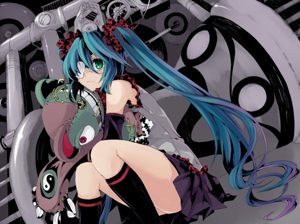 Anime picture 1300x972 with vocaloid tsumi to batsu (vocaloid) hatsune miku takanashi kei (hitsujikan) long hair sitting twintails very long hair colored girl skirt detached sleeves toy eyepatch stuffed animal